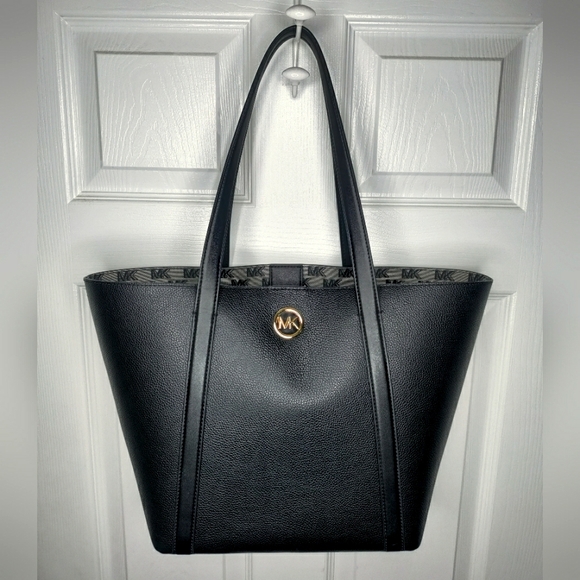 NWT Michael Kors Hadleigh Large Double Handle Leather Tote Bag Black Leather - Picture 2 of 7
